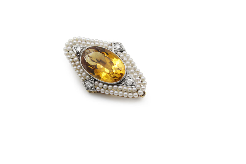 14ct Yellow and White Gold Antique Citrine and Pearl Brooch