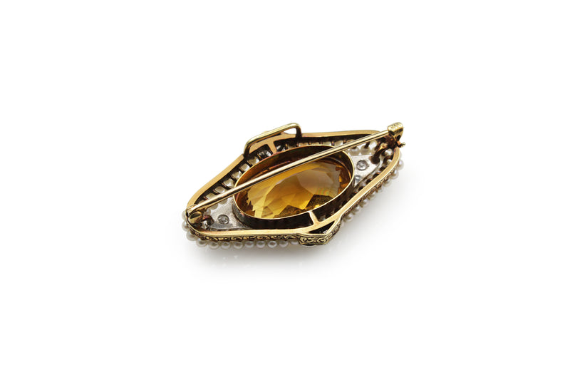 14ct Yellow and White Gold Antique Citrine and Pearl Brooch