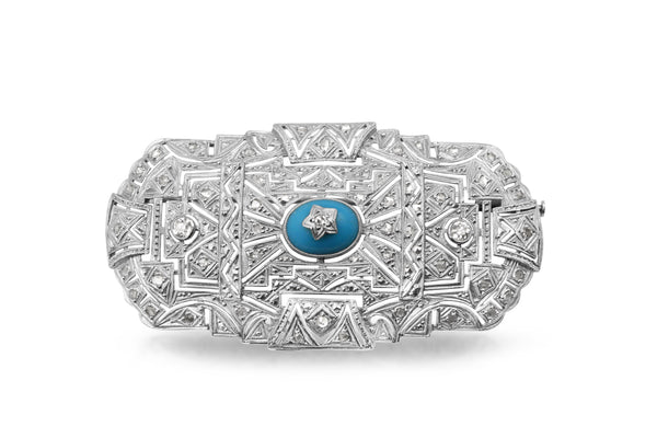 Platinum Art Deco Turquoise and Diamond Brooch
