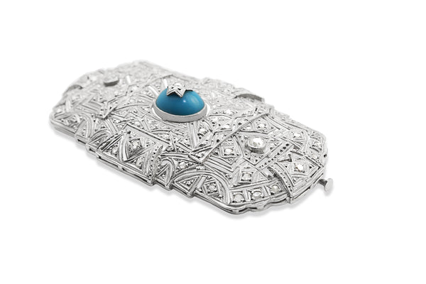 Platinum Art Deco Turquoise and Diamond Brooch