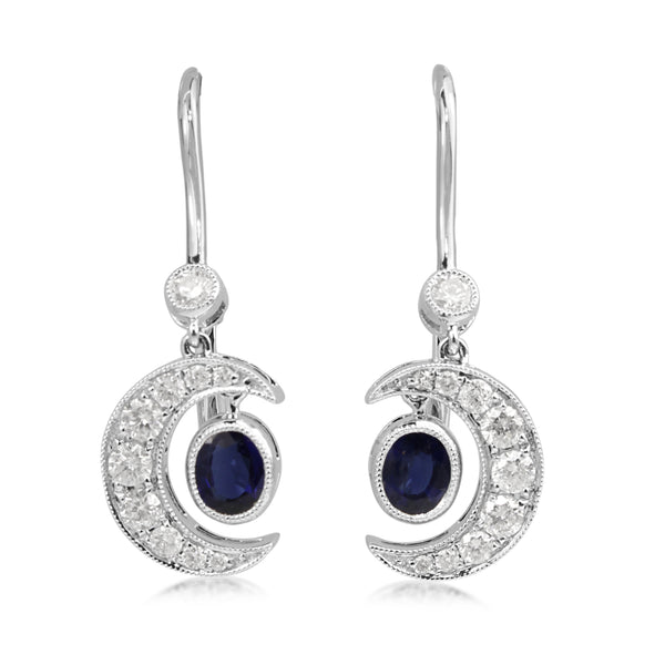 18ct White Gold Sapphire and Diamond Crescent Moon Earrings