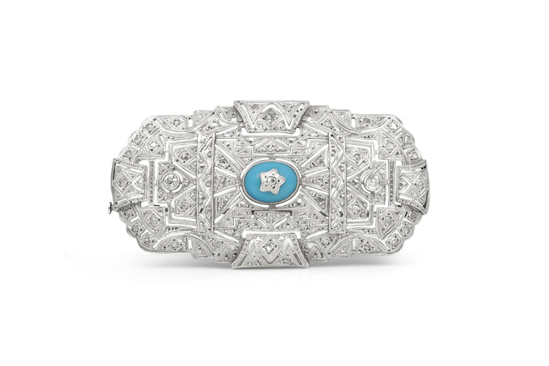 Platinum Art Deco Turquoise and Diamond Brooch