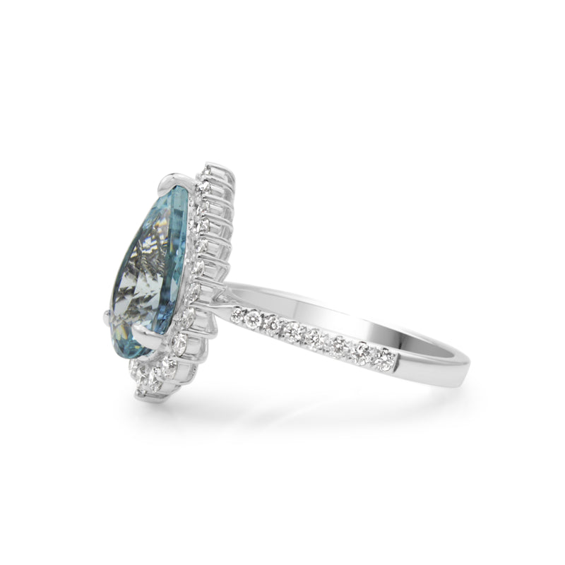 18ct White Gold Pear Aquamarine and Diamond Halo Ring