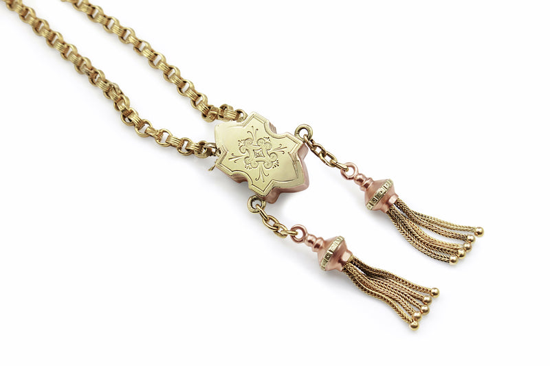15ct Yellow Gold Antique Tassel Necklace with Paste Stones