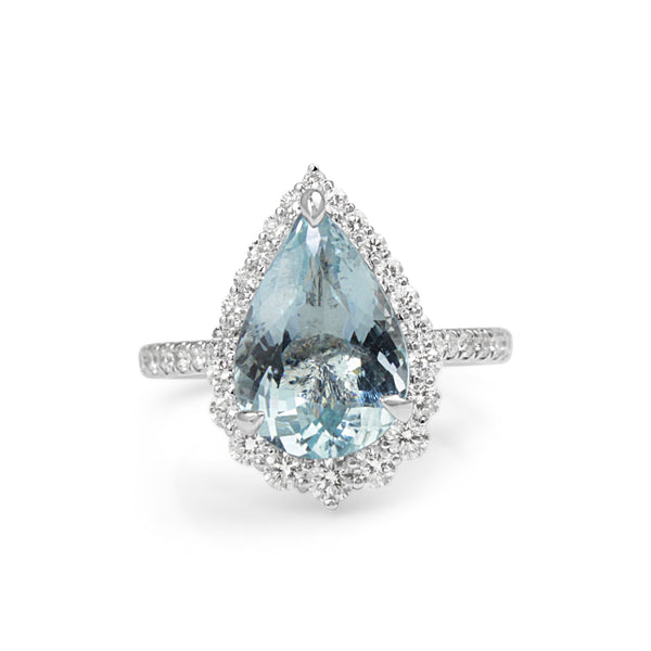 18ct White Gold Pear Aquamarine and Diamond Halo Ring