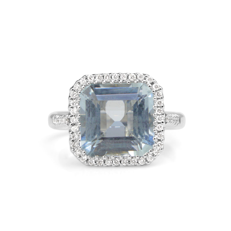 18ct White Gold Square Aquamarine and Diamond Halo Ring