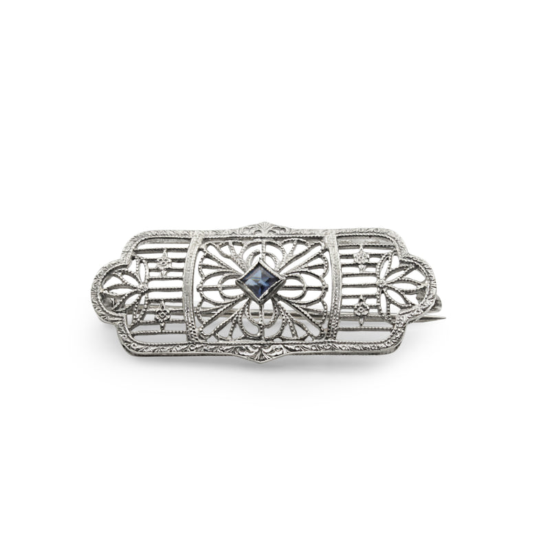 10ct White Gold Filigree Sapphire Brooch