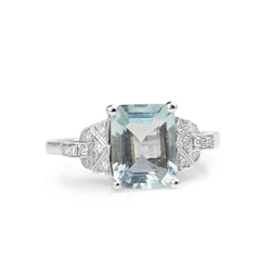 18ct White Gold Deco Style Aquamarine and Diamond Ring