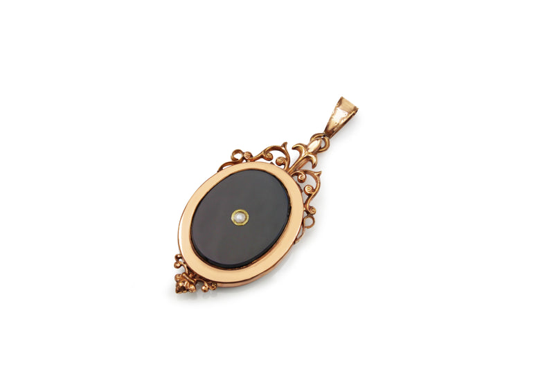 9ct Rose Gold Antique Onyx and Pearl Pendant