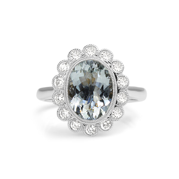 18ct White Gold Aquamarine and Diamond Daisy Ring