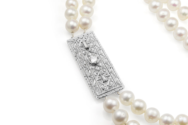 18ct White Gold Double Pearl Strand and Art Deco Diamond Clasp Necklace