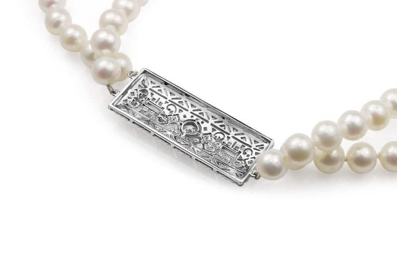 18ct White Gold Double Pearl Strand and Art Deco Diamond Clasp Necklace