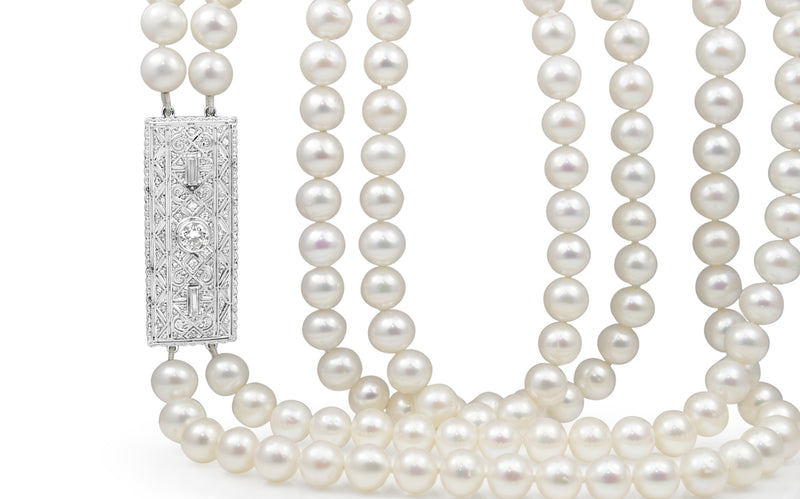 18ct White Gold Double Pearl Strand and Art Deco Diamond Clasp Necklace