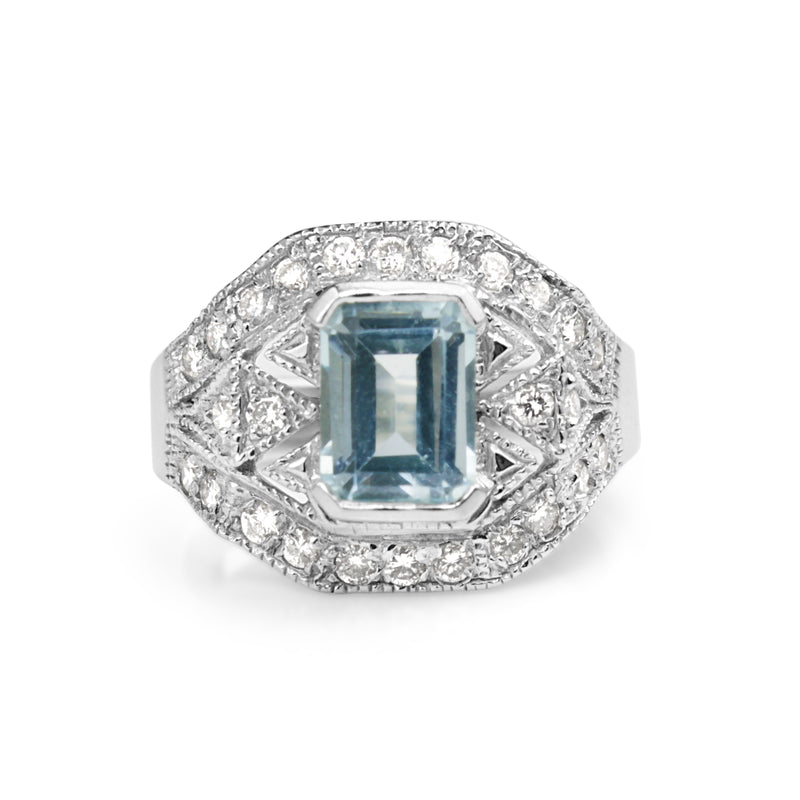 14ct White Gold Art Deco Style Aquamarine and Diamond Ring