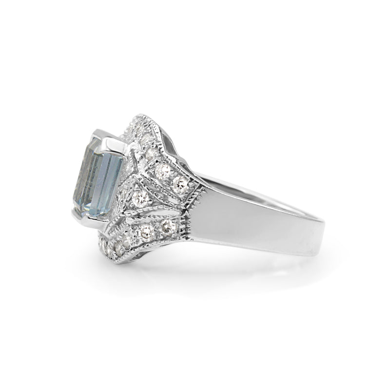 14ct White Gold Art Deco Style Aquamarine and Diamond Ring