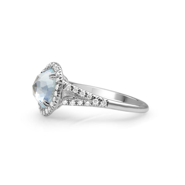 18ct White Gold Rose Cut Aquamarine and Diamond Halo Ring