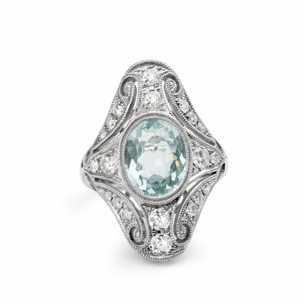 18ct White Gold Art Deco Style Aquamarine and Diamond Ring