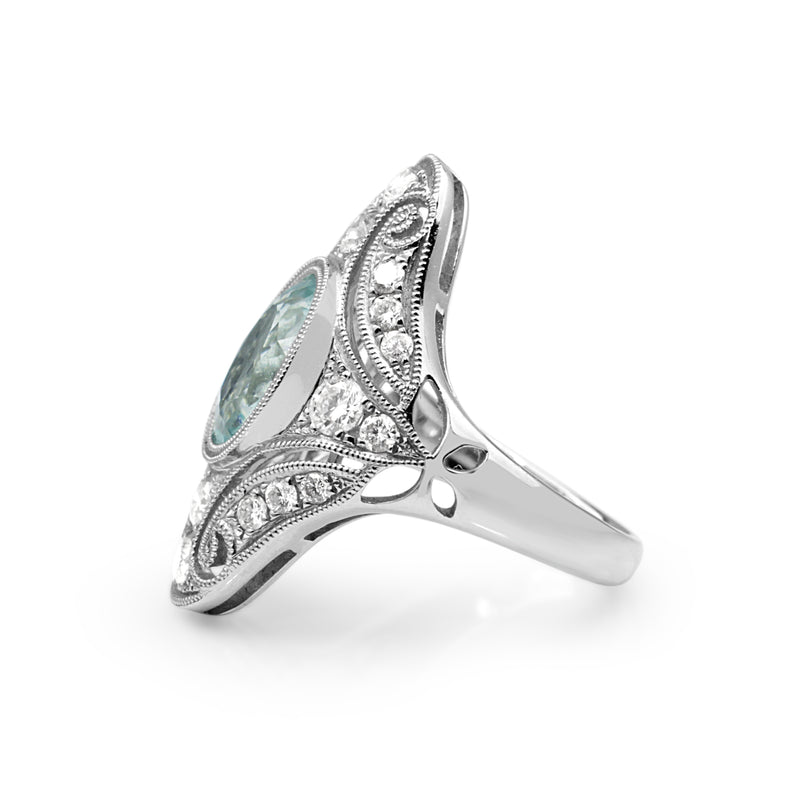 18ct White Gold Art Deco Style Aquamarine and Diamond Ring