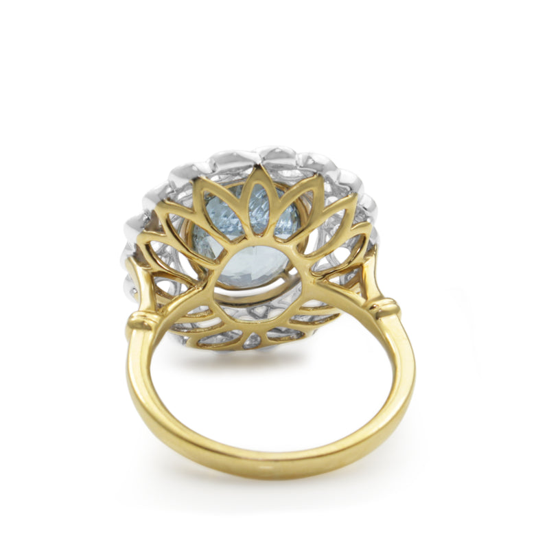 18ct Yellow and White Gold Aquamarine and Diamond Halo Ring