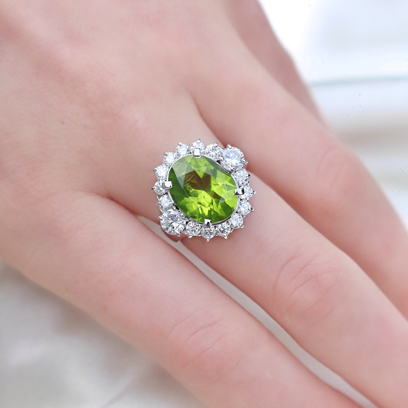 Platinum Peridot and Diamond Cluster Ring