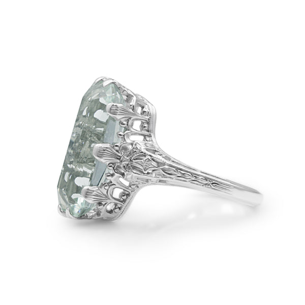 14ct White Gold Late Art Deco Aquamarine Filigree Ring