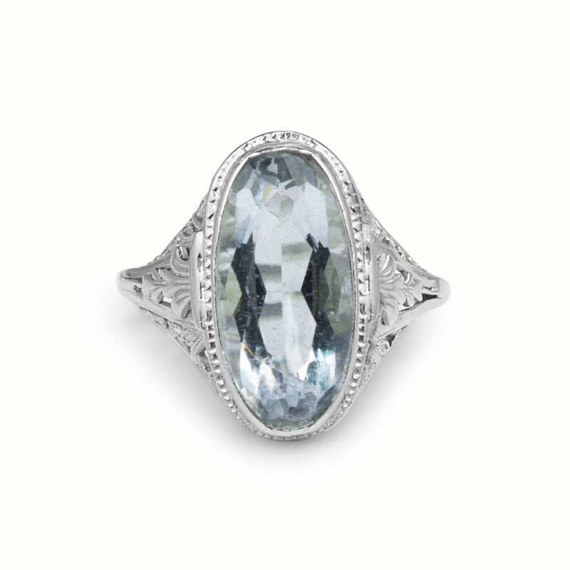 14ct White Gold Vintage Aquamarine Filigree Ring