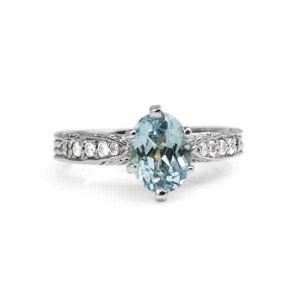 14ct White Gold Engraved Aquamarine and Diamond Solitaire Ring