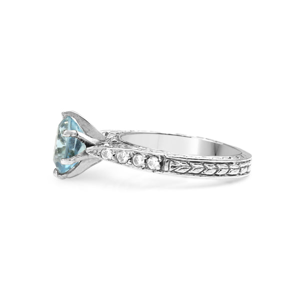 14ct White Gold Engraved Aquamarine and Diamond Solitaire Ring