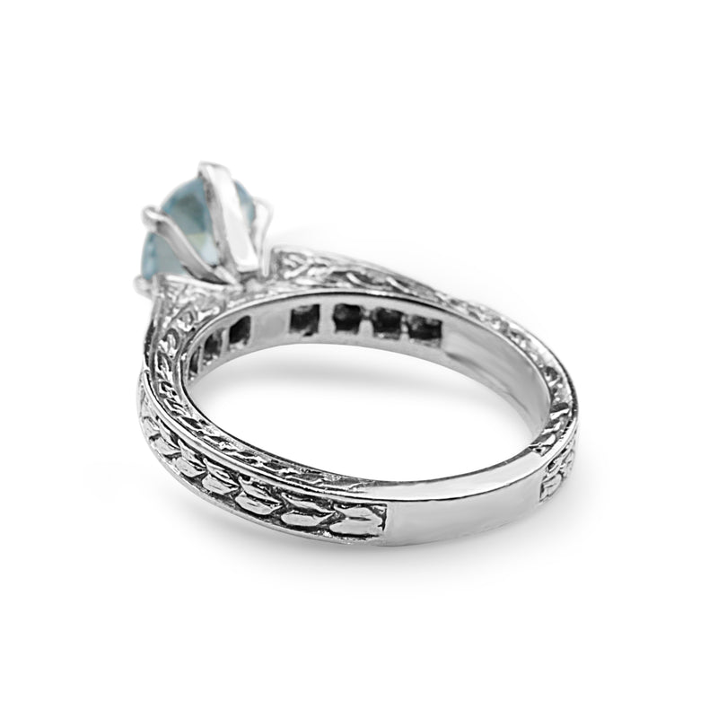 14ct White Gold Engraved Aquamarine and Diamond Solitaire Ring