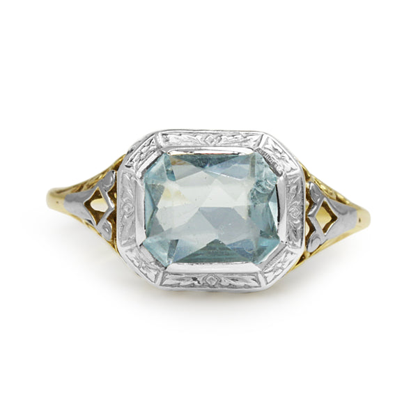 14ct Yellow and White Gold Deco Aquamarine Filigree Ring