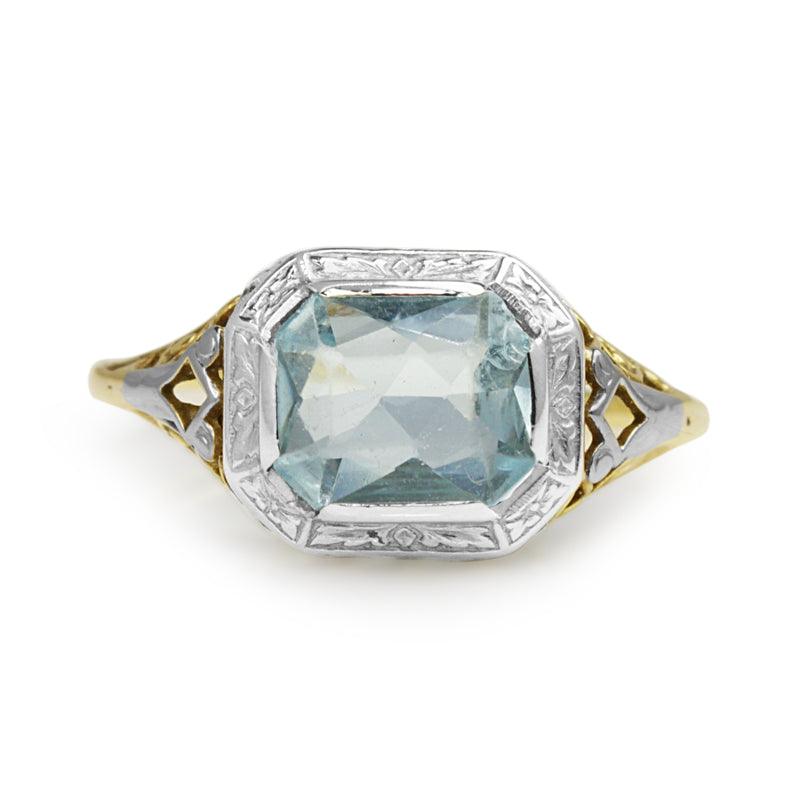 14ct Yellow and White Gold Deco Aquamarine Filigree Ring