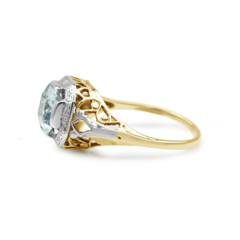 14ct Yellow and White Gold Deco Aquamarine Filigree Ring