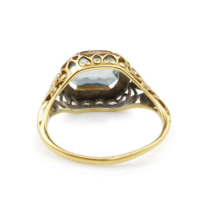 14ct Yellow and White Gold Deco Aquamarine Filigree Ring