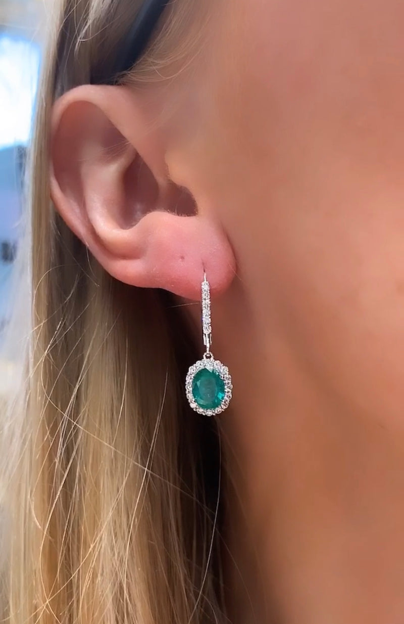 18ct White Gold Emerald and Diamond Drop Earrings