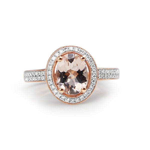 9ct Rose Gold Morganite and Diamond Halo Ring