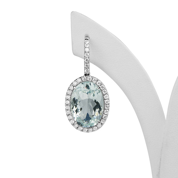 18ct White Gold Aquamarine and Diamond Drop Halo Earrings