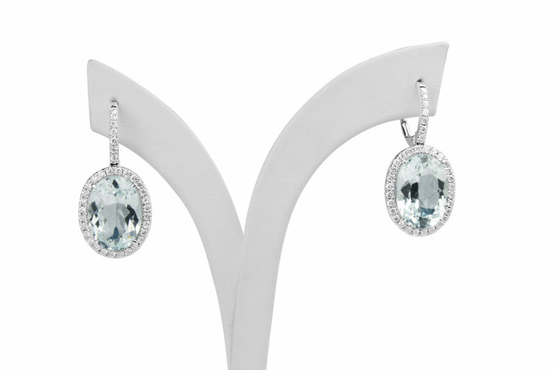 18ct White Gold Aquamarine and Diamond Drop Halo Earrings