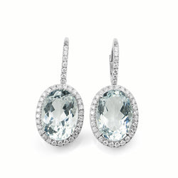 18ct White Gold Aquamarine and Diamond Drop Halo Earrings