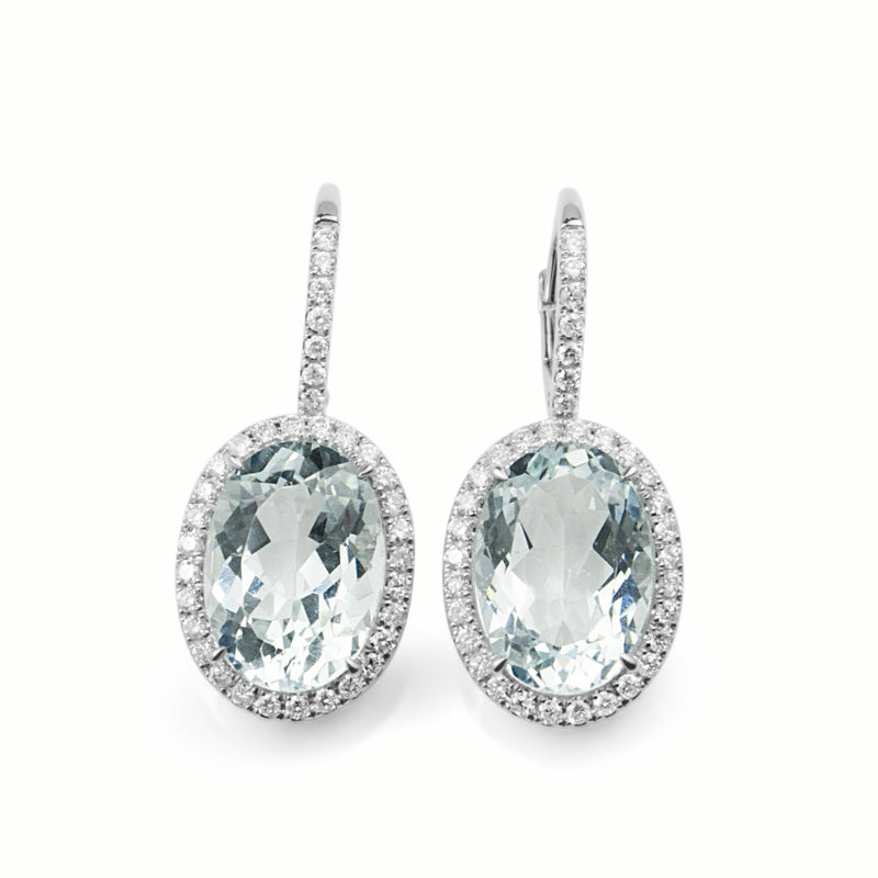 18ct White Gold Aquamarine and Diamond Drop Halo Earrings