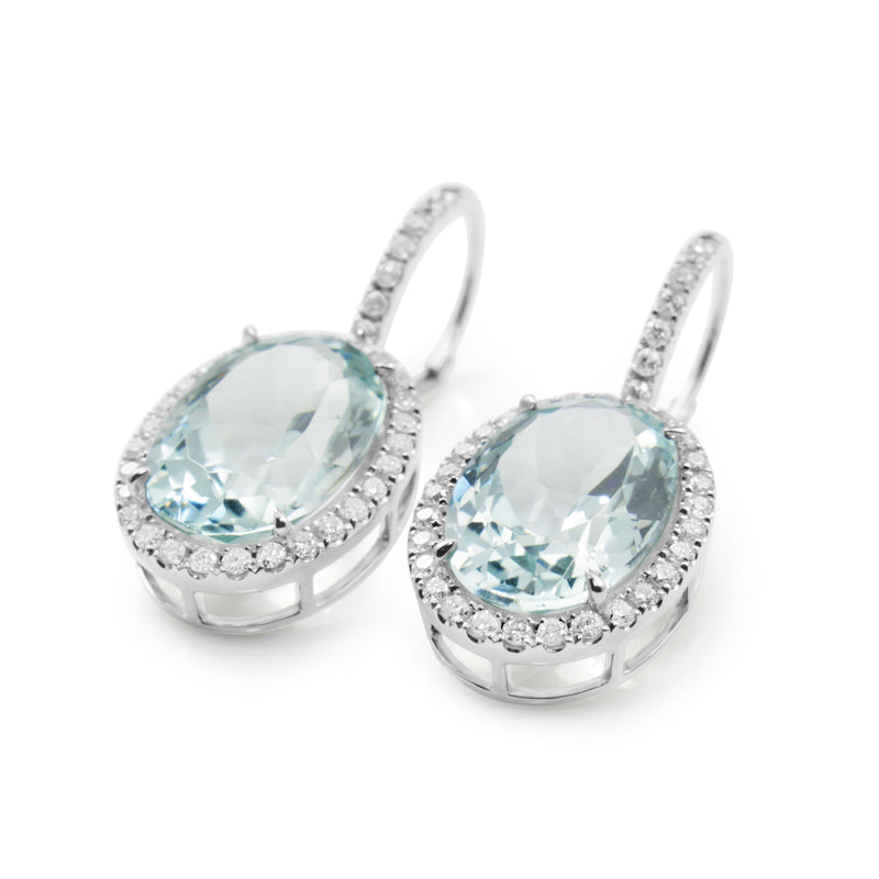 18ct White Gold Aquamarine and Diamond Drop Halo Earrings