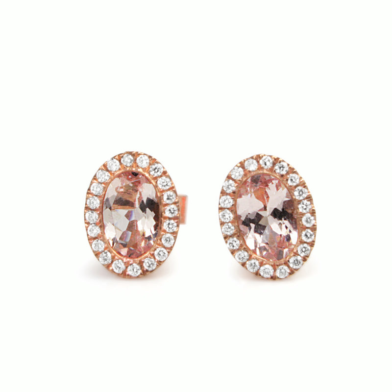 9ct Rose Gold Morganite and Diamond Halo Stud Earrings