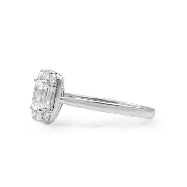 18ct White Gold Emerald Cut Diamond Halo Ring