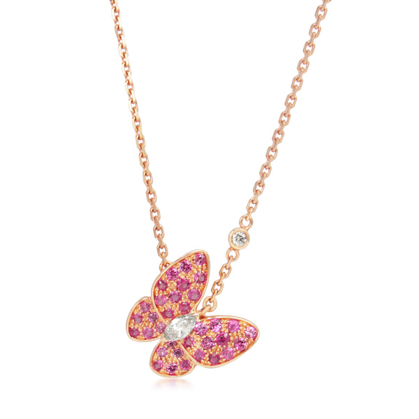 18ct Rose Gold Pink Sapphire and Diamond Butterfly Necklace