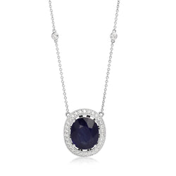 18ct White Gold Treated Sapphire and Diamond Halo Necklace