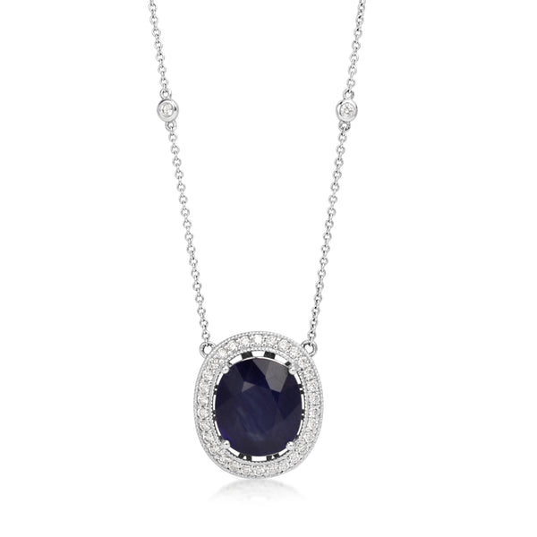 18ct White Gold Treated Sapphire and Diamond Halo Necklace