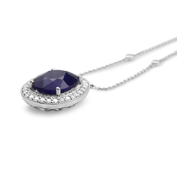 18ct White Gold Treated Sapphire and Diamond Halo Necklace