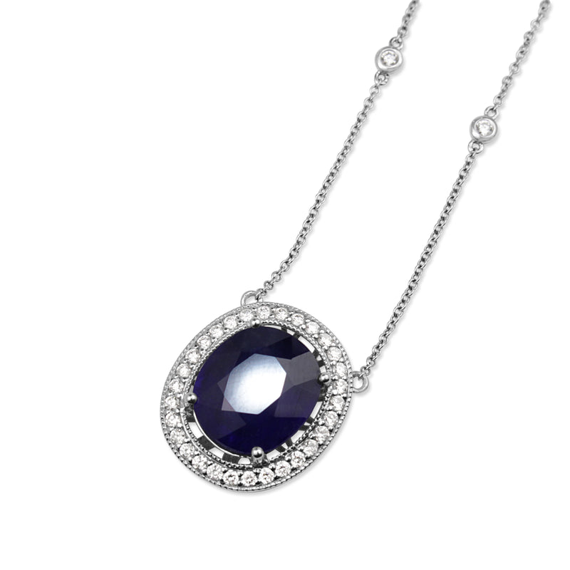 18ct White Gold Treated Sapphire and Diamond Halo Necklace