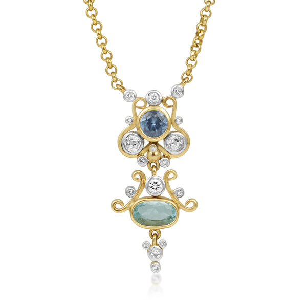 9ct Yellow Gold Aquamarine, Topaz and Diamond Necklace