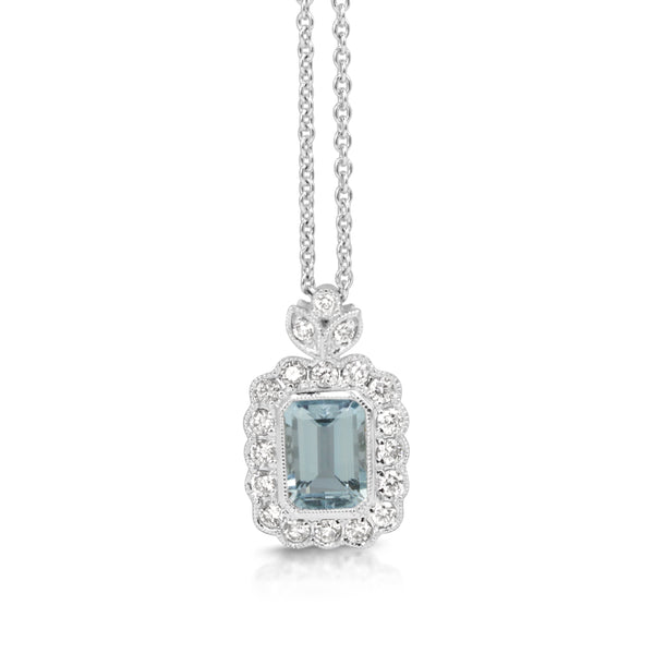18ct White Gold Aquamarine and Diamond Floral Necklace