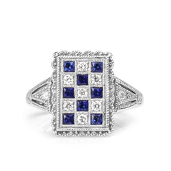 18ct White Gold Sapphire and Diamond Checkerboard Ring